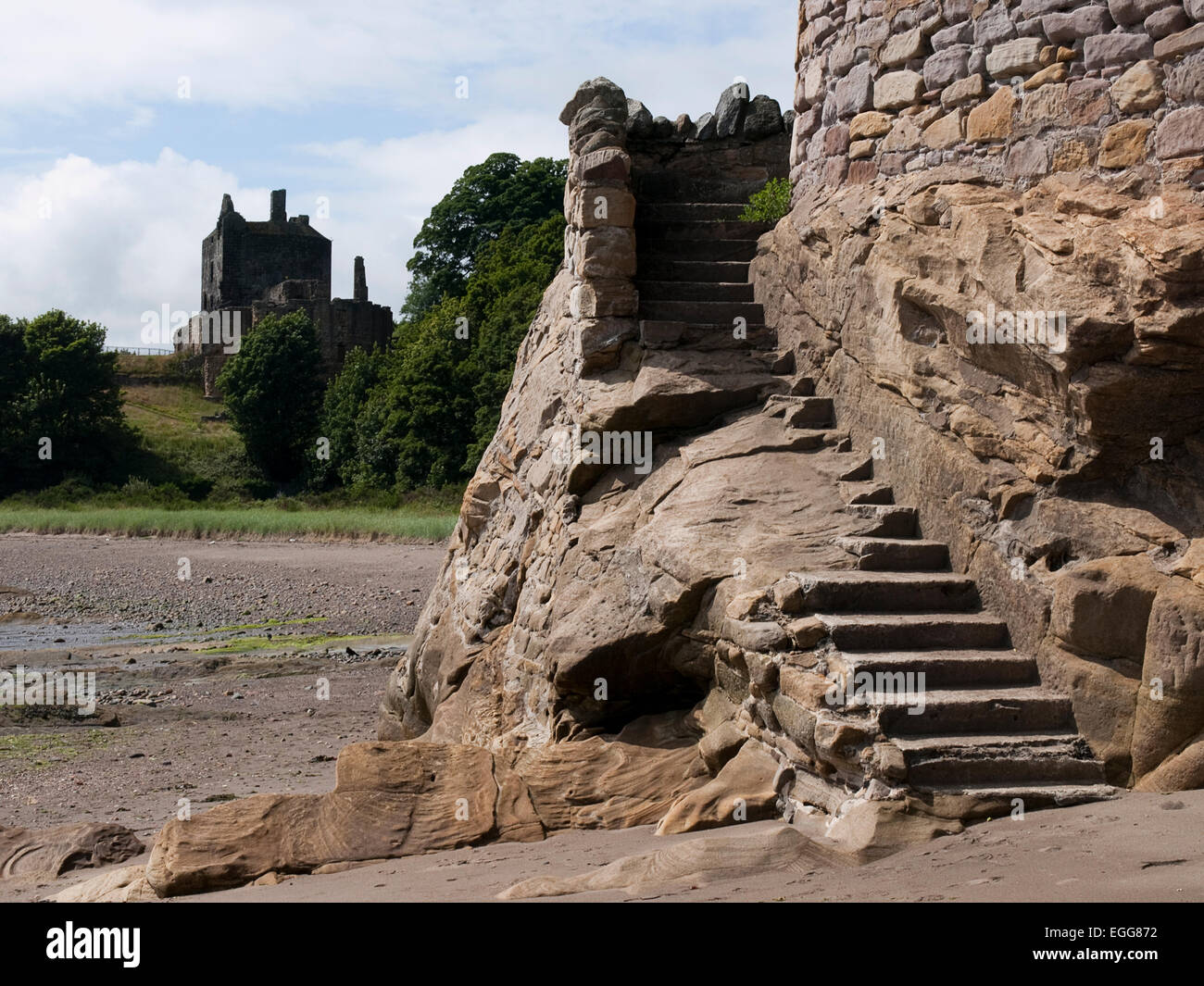 Ravenscraig Castle and the Steps to Pathhead Sands Stock Photo