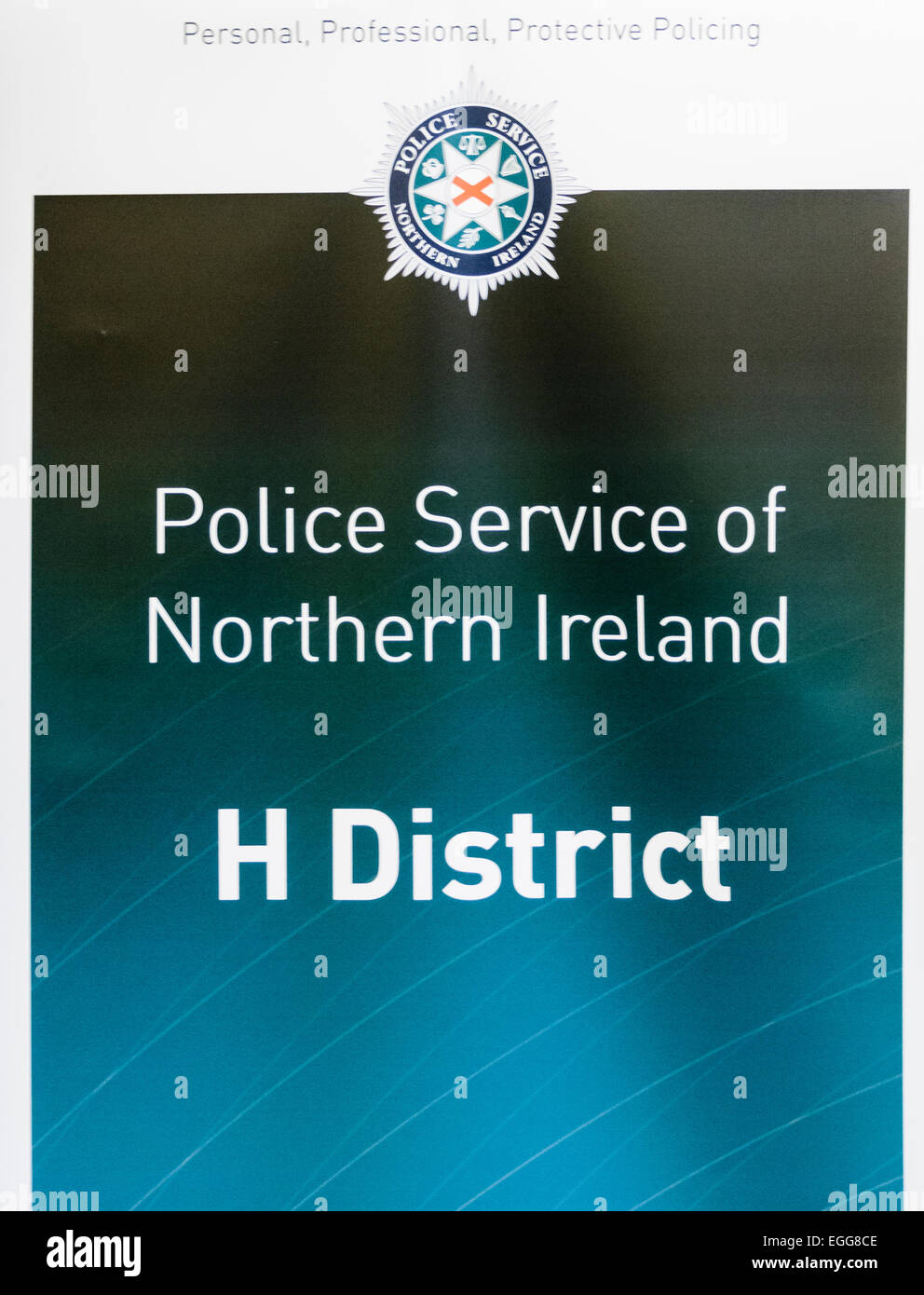 Ballymena, UK. 02/04/2012.  Sign for 'H District' at Ballymena Police Station, Northern Ireland.  H District encompasses most of County Antrim. Stock Photo