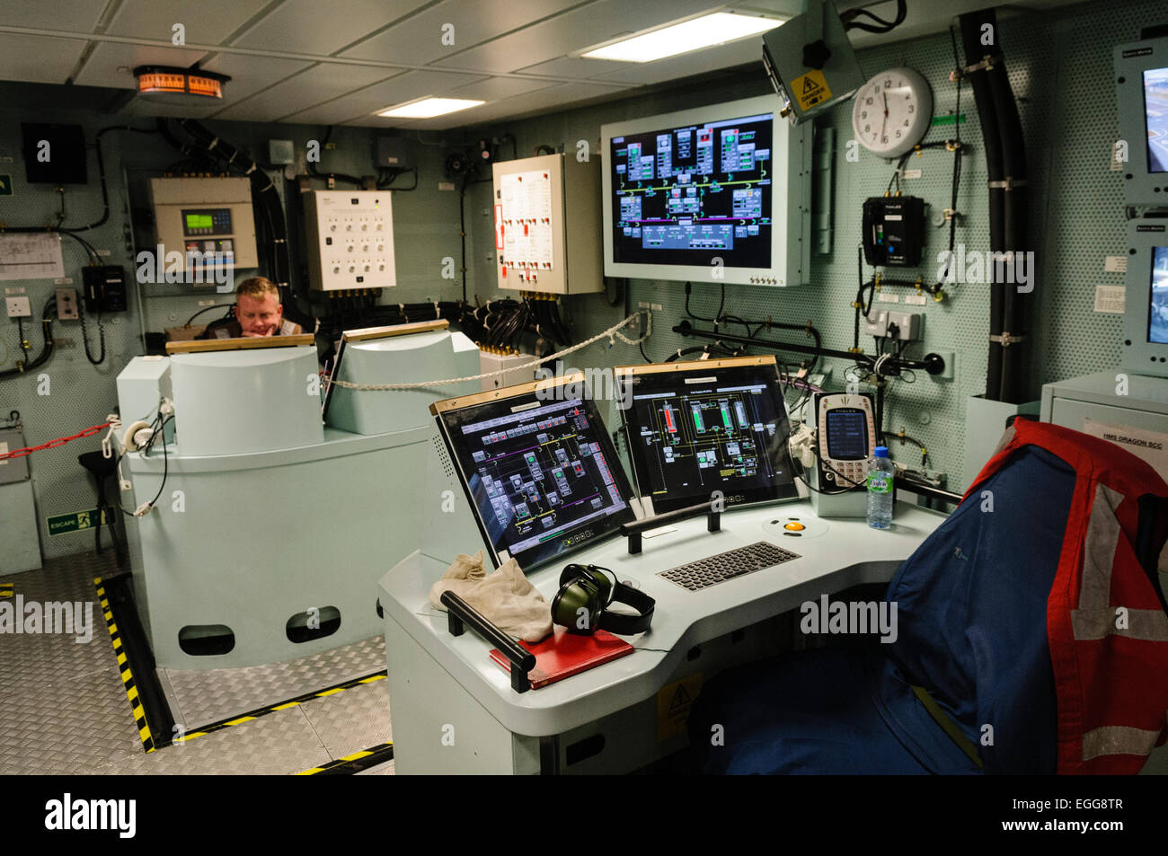 Engineering Control room in HMS Dragon, a type 45 destroyer and the most advanced in the UK Royal Navy fleet. Stock Photo