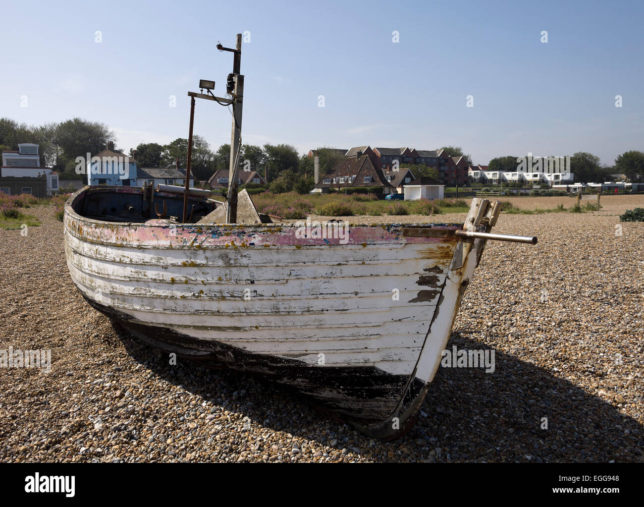 Aldeburgh Suffolk  shingle beach views and fishing boats and fauna Stock Photo