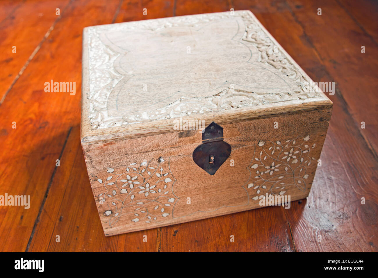 Storage box on wood surface Stock Photo