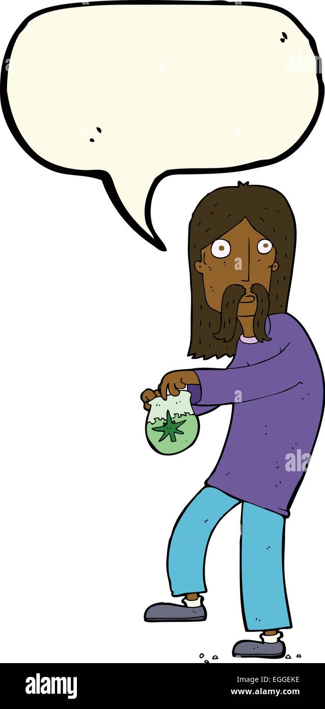 cartoon hippie man with bag of weed with speech bubble Stock Vector ...