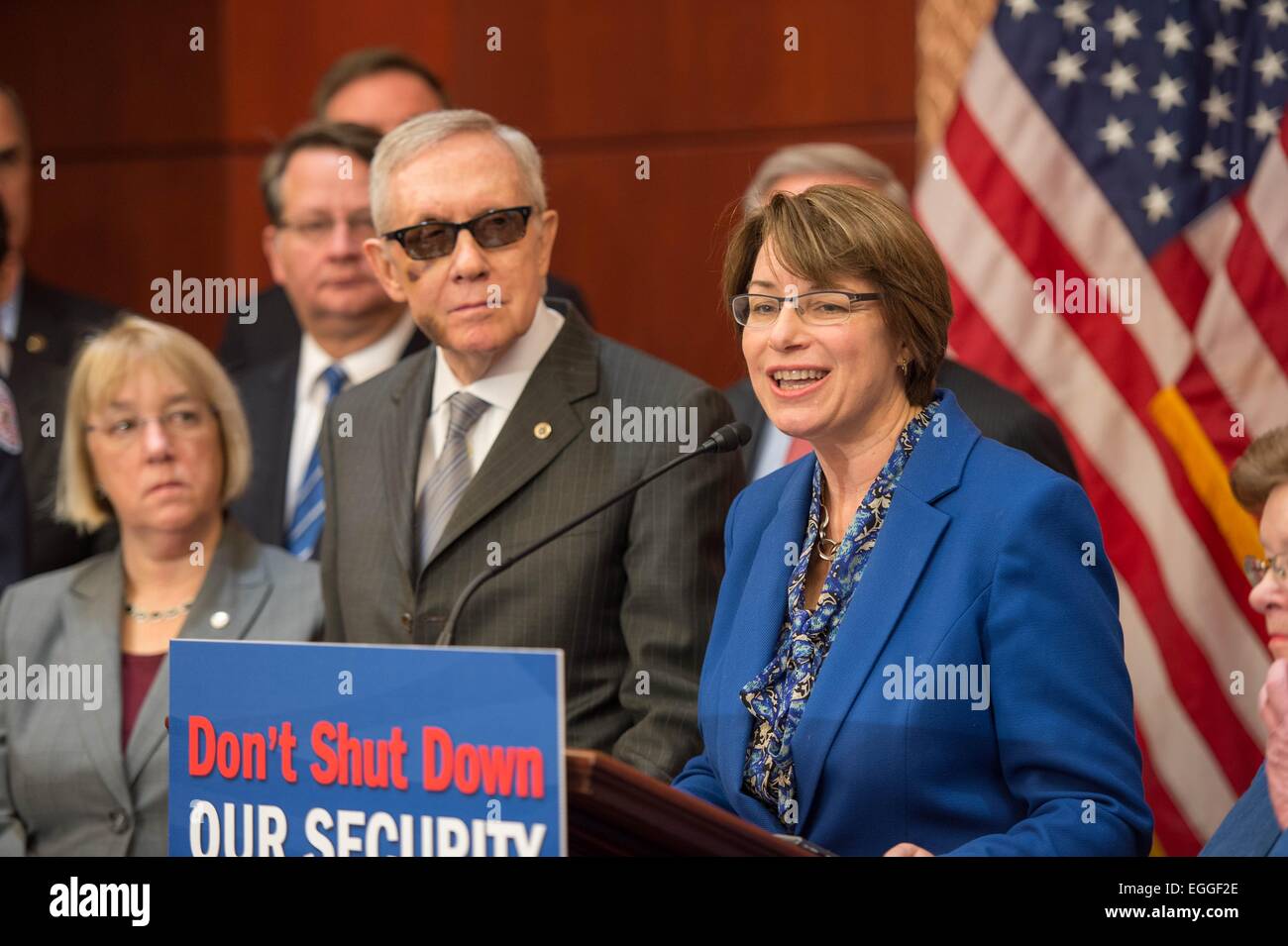 US Senator Amy Klobuchar joins Senator Harry Reid and others to call for passing funding for Homeland Security blocked by Republicans over immigration issues during a press conference on Capitol Hill  February 24, 2015 in Washington, DC. Stock Photo