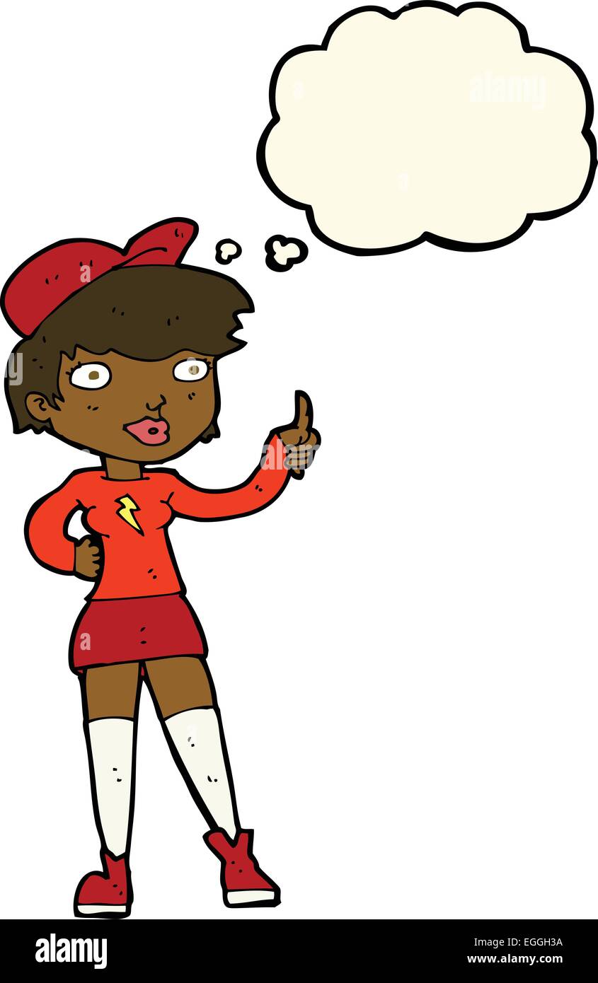 cartoon skater girl giving thumbs up symbol with thought bubble Stock ...