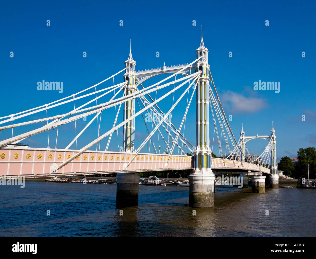 Albert Bridge in central London connecting Chelsea and Battersea designed by Rowland Mason Ordish 1873 Stock Photo