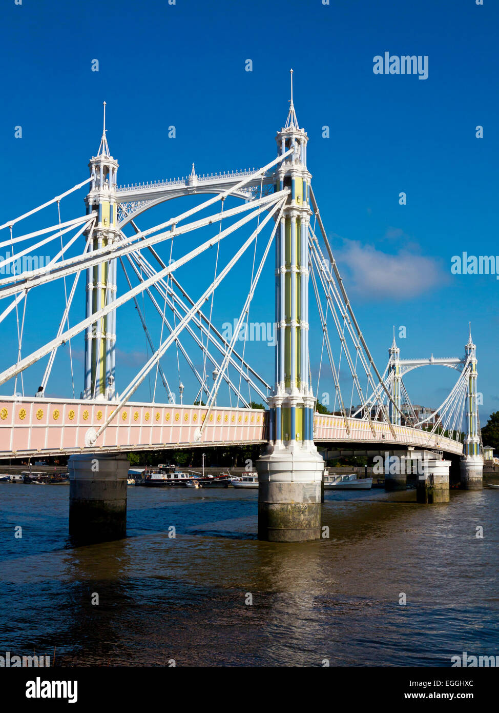 Albert Bridge in central London connecting Chelsea and Battersea designed by Rowland Mason Ordish 1873 Stock Photo