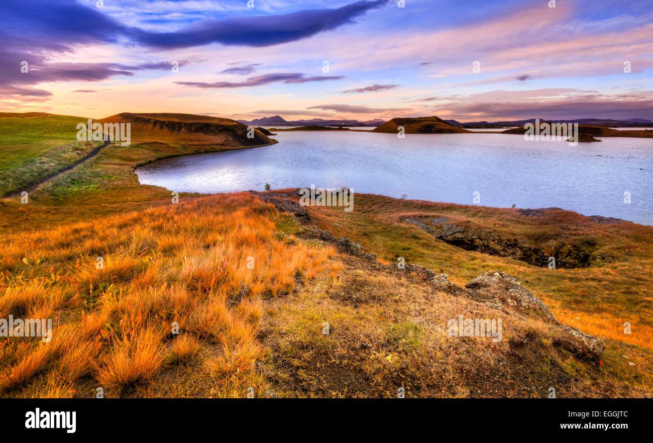 Scenic sunset at Lake Myvatn in Northern Iceland Stock Photo