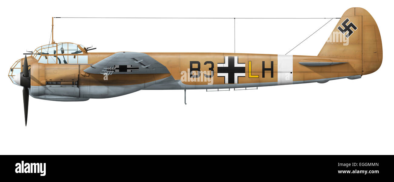 German Junkers Ju-88A-4 combat aircraft. This aircraft wears a basic scheme of faded RLM79, the spinner tip and fuselage band ar Stock Photo