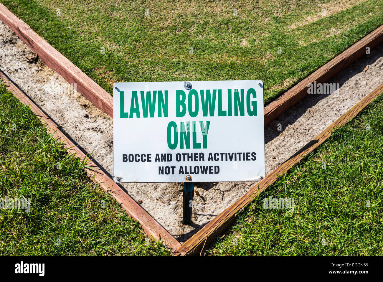 Lawn Bowling Only warning sign. Balboa Park, California, United States. Stock Photo