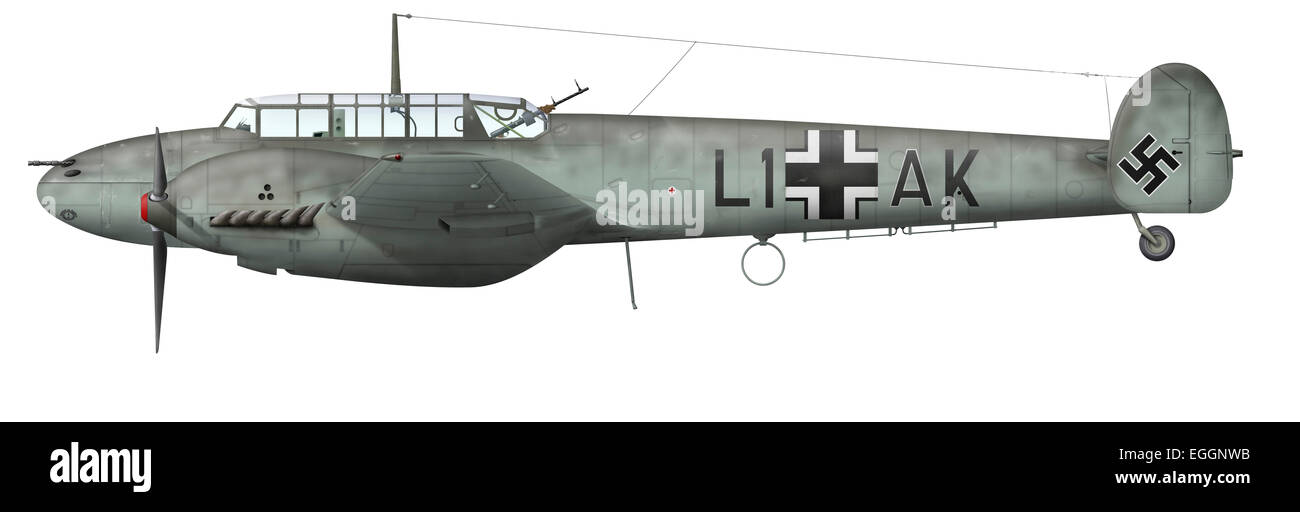 Illustration of a Messerschmitt Bf-110C-1. This aircraft carries the larger size fuselage cross and the individual aircraft lett Stock Photo