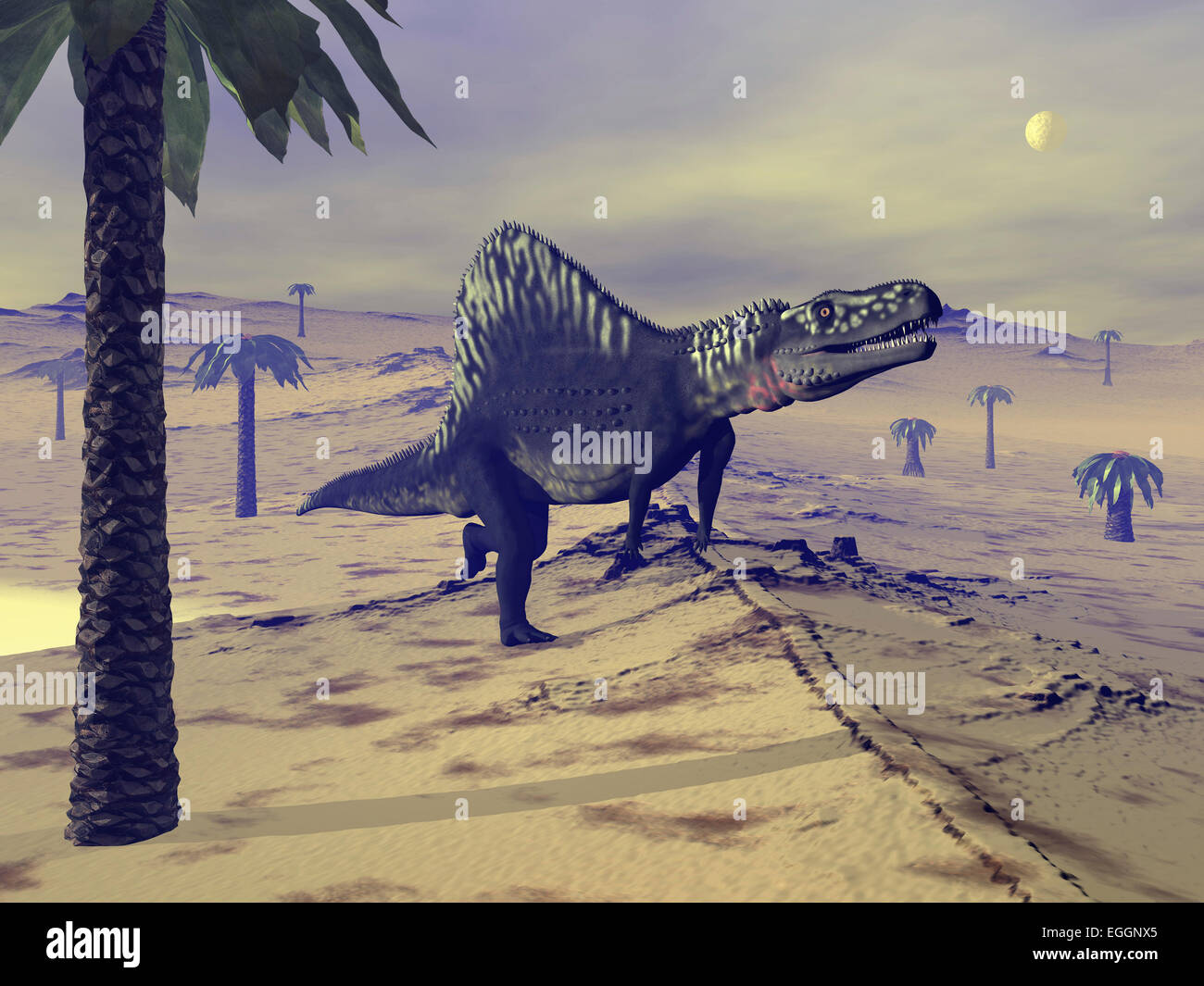 Arizonasaurus dinosaur walking in the desert amongst bjuvia trees. Stock Photo