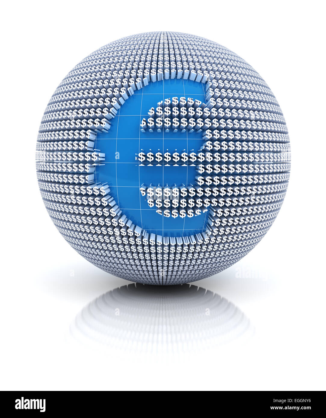 Euro currency icon on globe formed by dollar sign, 3d render Stock Photo