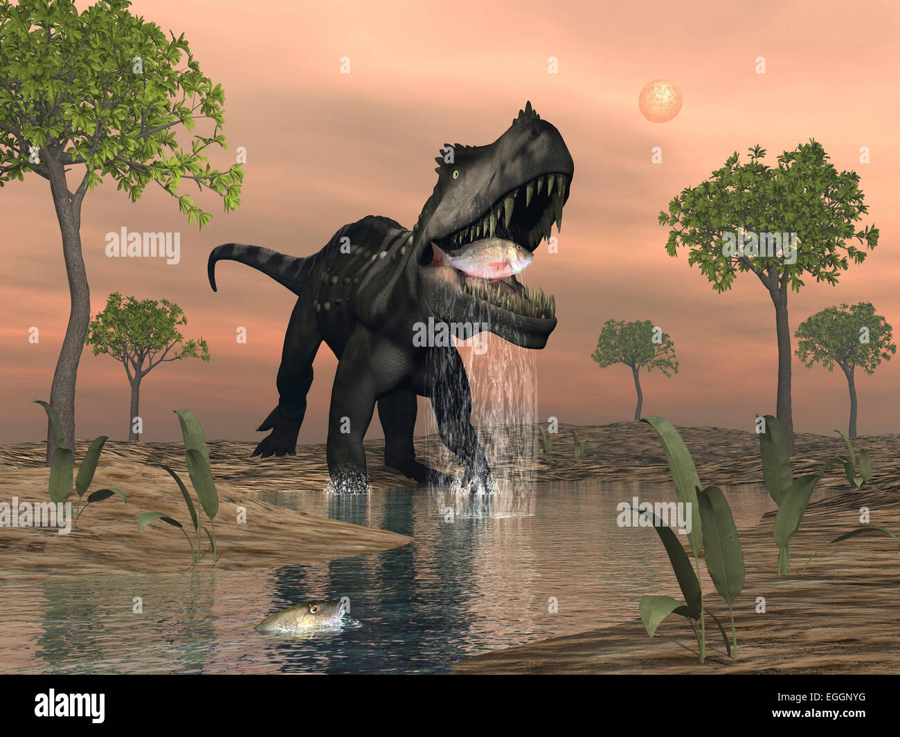 Prestosuchus dinosaur fishing amongst glossopteris tree by sunset. Stock Photo