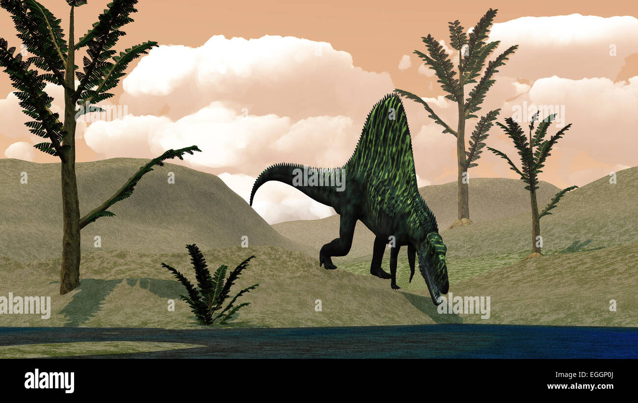 Arizonasaurus dinosaur walking in the desert amongst pachypteris trees. Stock Photo