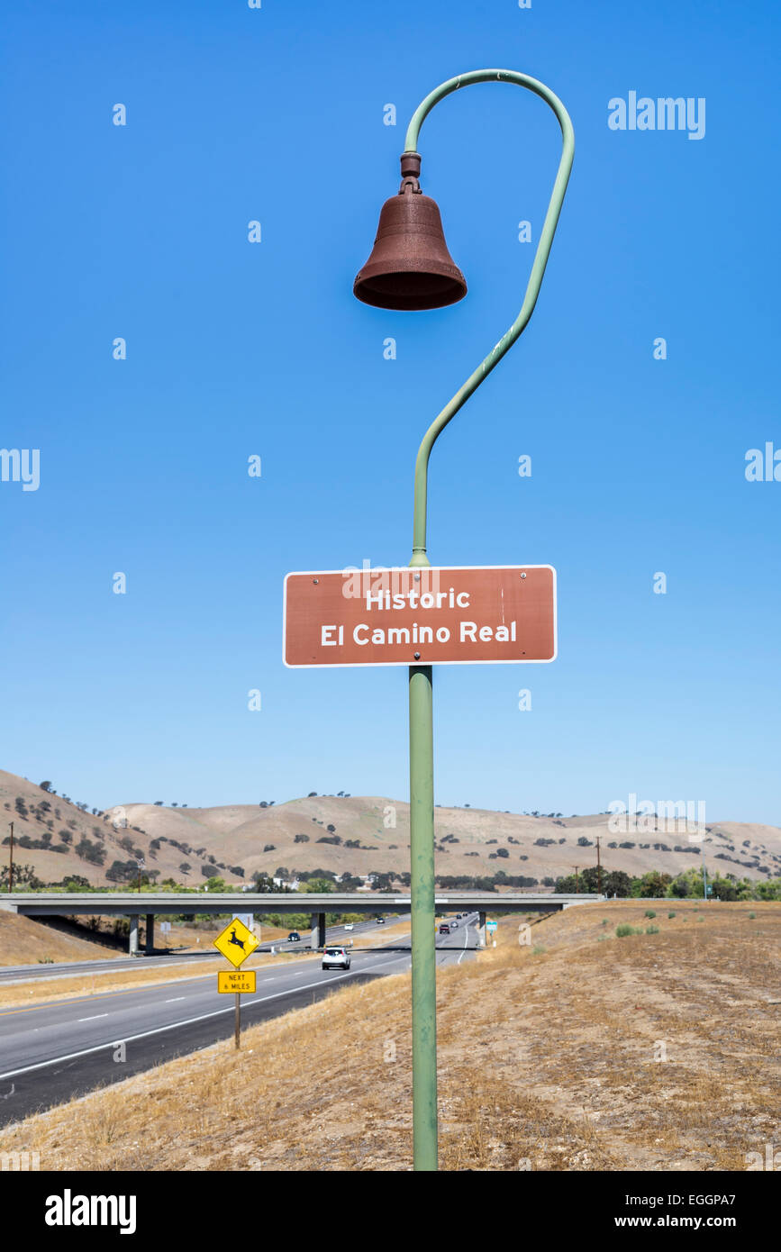 Historic El Camino Real sign and lamppost along U.S. Highway 101. California, United States. Stock Photo