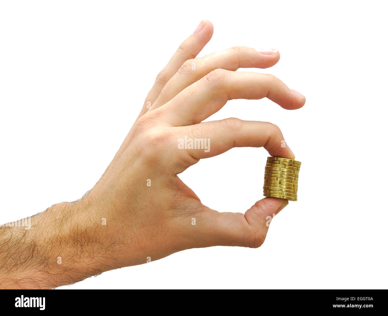 Caucasian hand holding some euro coins isolated on white background Stock Photo