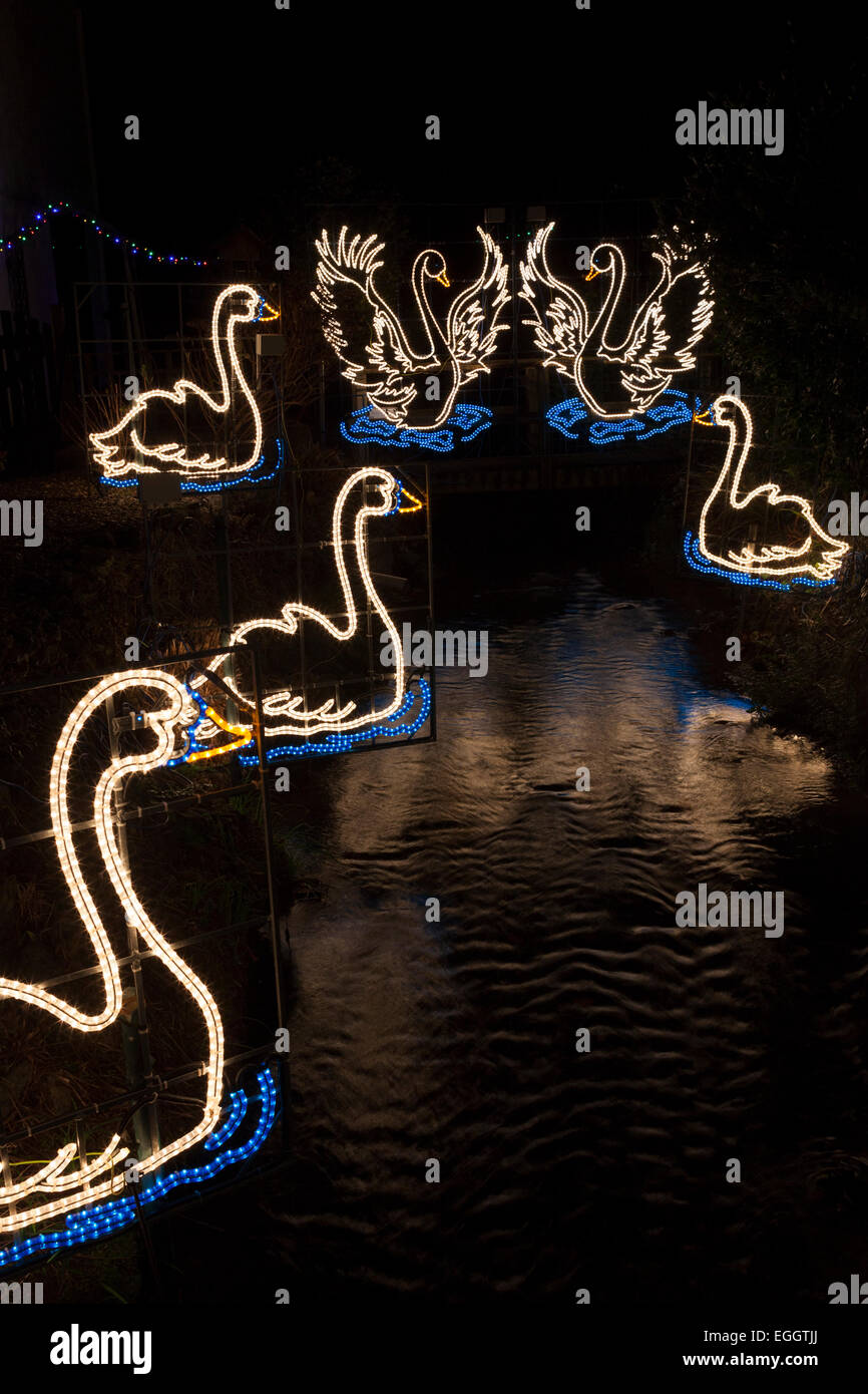 Swan illuminations, Angarrack [Christmas Lights], Cornwall, UK Stock