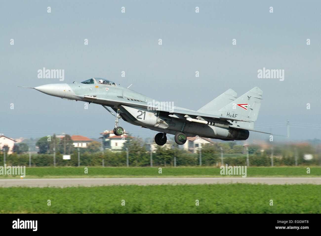 MiG-29 Fulcrum from the Hungarian Air Force taking off from Cervia Air Base, Italy during exercise Unit Exchange 2006. Stock Photo