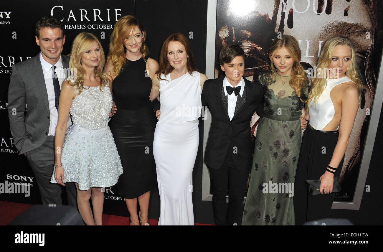 LOS ANGELES, CA - OCTOBER 7, 2013: LtoR: Alex Russell, Cynthia Preston, Judy Greer, Julianne Moore, Kimberly Peirce, Chloe Grace Moretz & Portia Doubleday at the world premiere of their movie 'Carrie' at the Arclight Theatre, Hollywood. Stock Photo