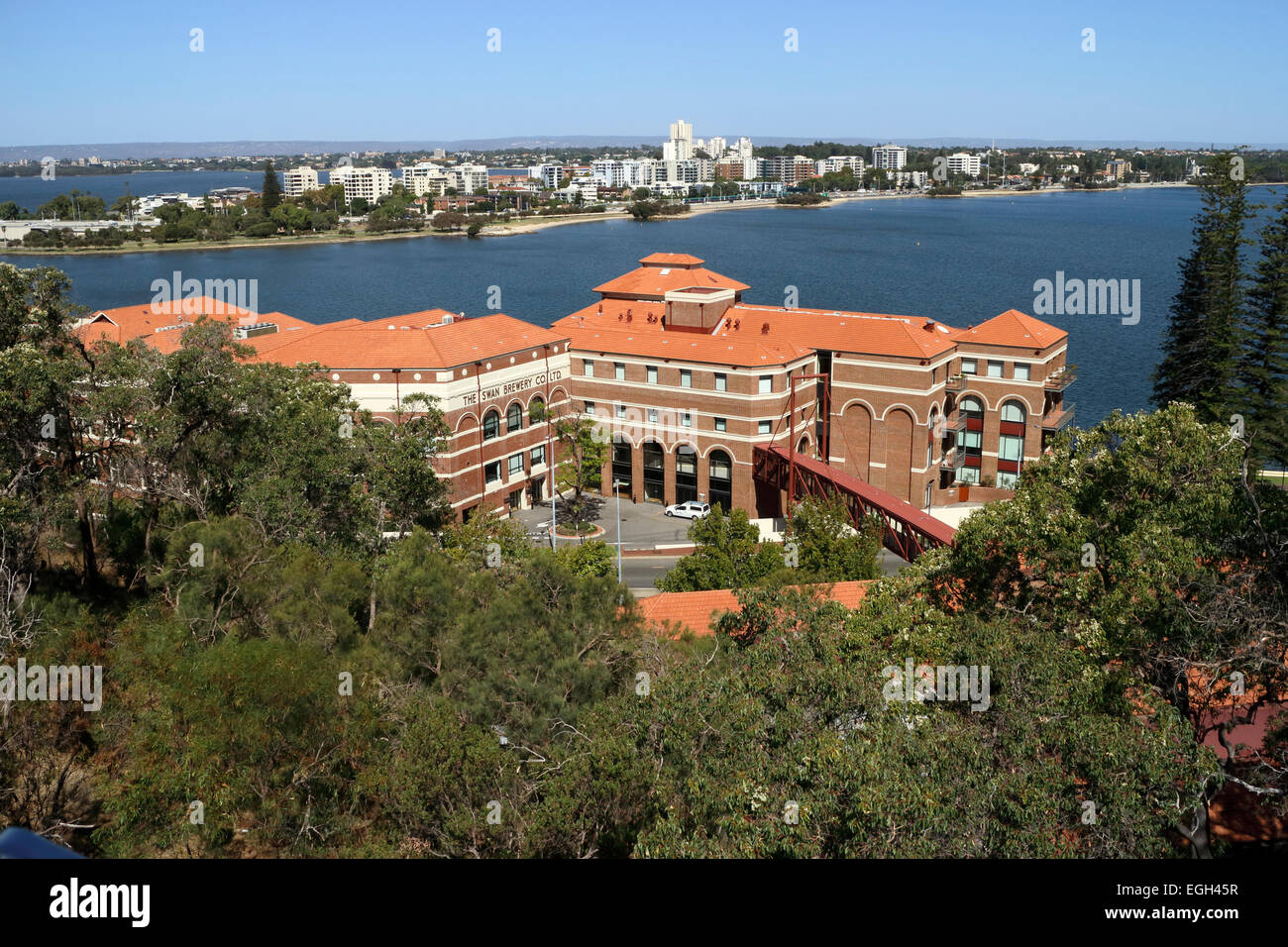 The iconic and historic Swan Brewery building on the banks of the Swan River at the base of Kings Park, Perth, Western Australia Stock Photo