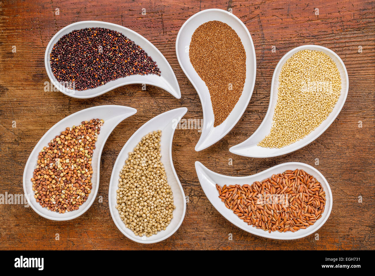 gluten free grain abstract top view of teardrop shaped bowls with