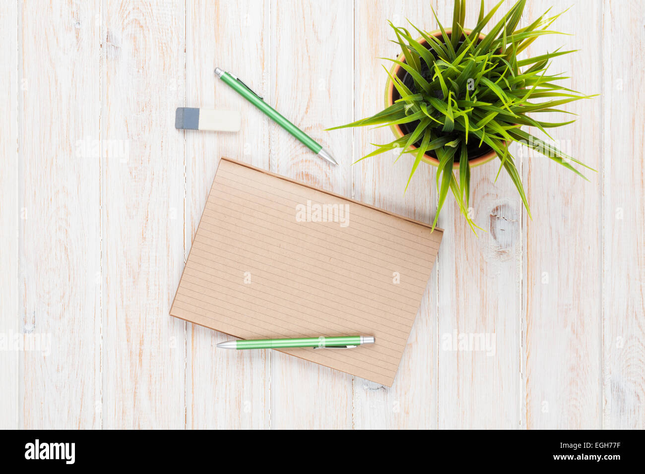 Office desk table with supplies and flower. Top view with copy space Stock  Photo - Alamy