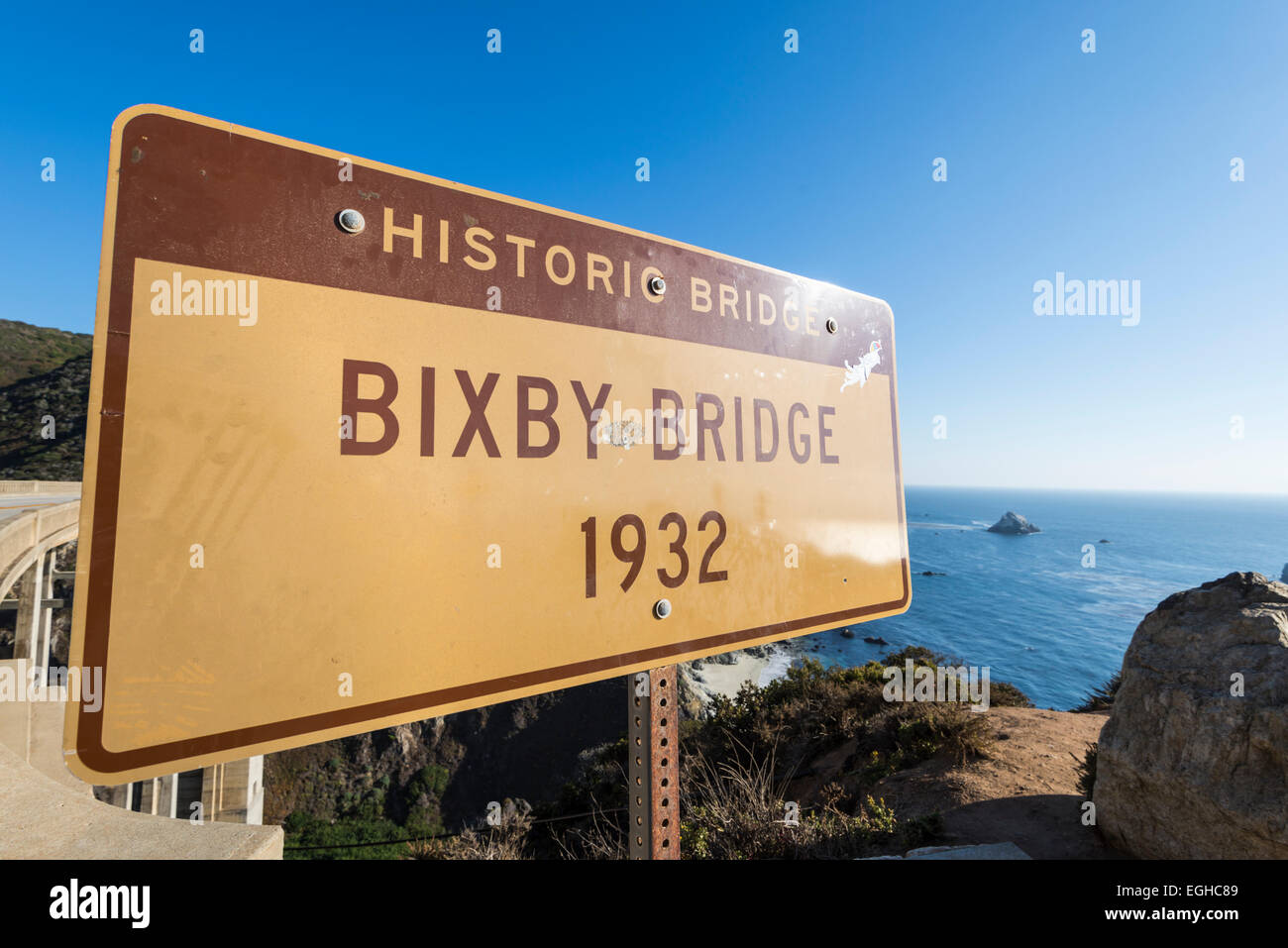 Bixby Bridge sign. Big Sur, California, United States. Stock Photo