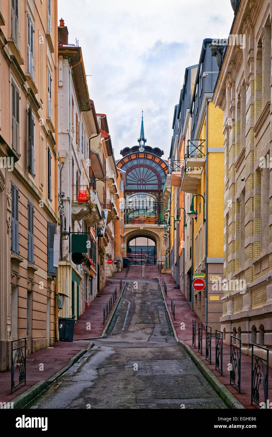 Street and the spring in Evian-les-Bains in France in winter in the ...