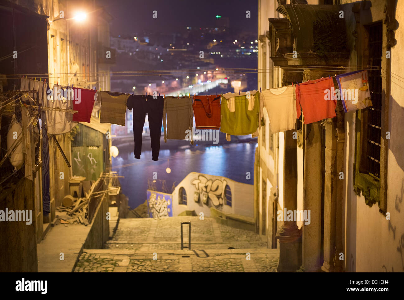 Clothes drying on the Old Town street of Porto, Portugal Stock Photo