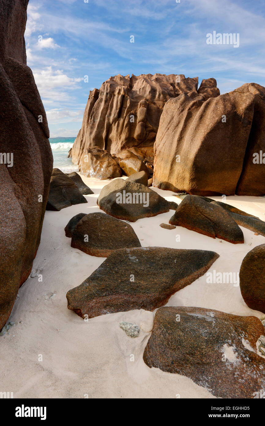 Seychelles island, La Digue. Rocks on the beach Stock Photo