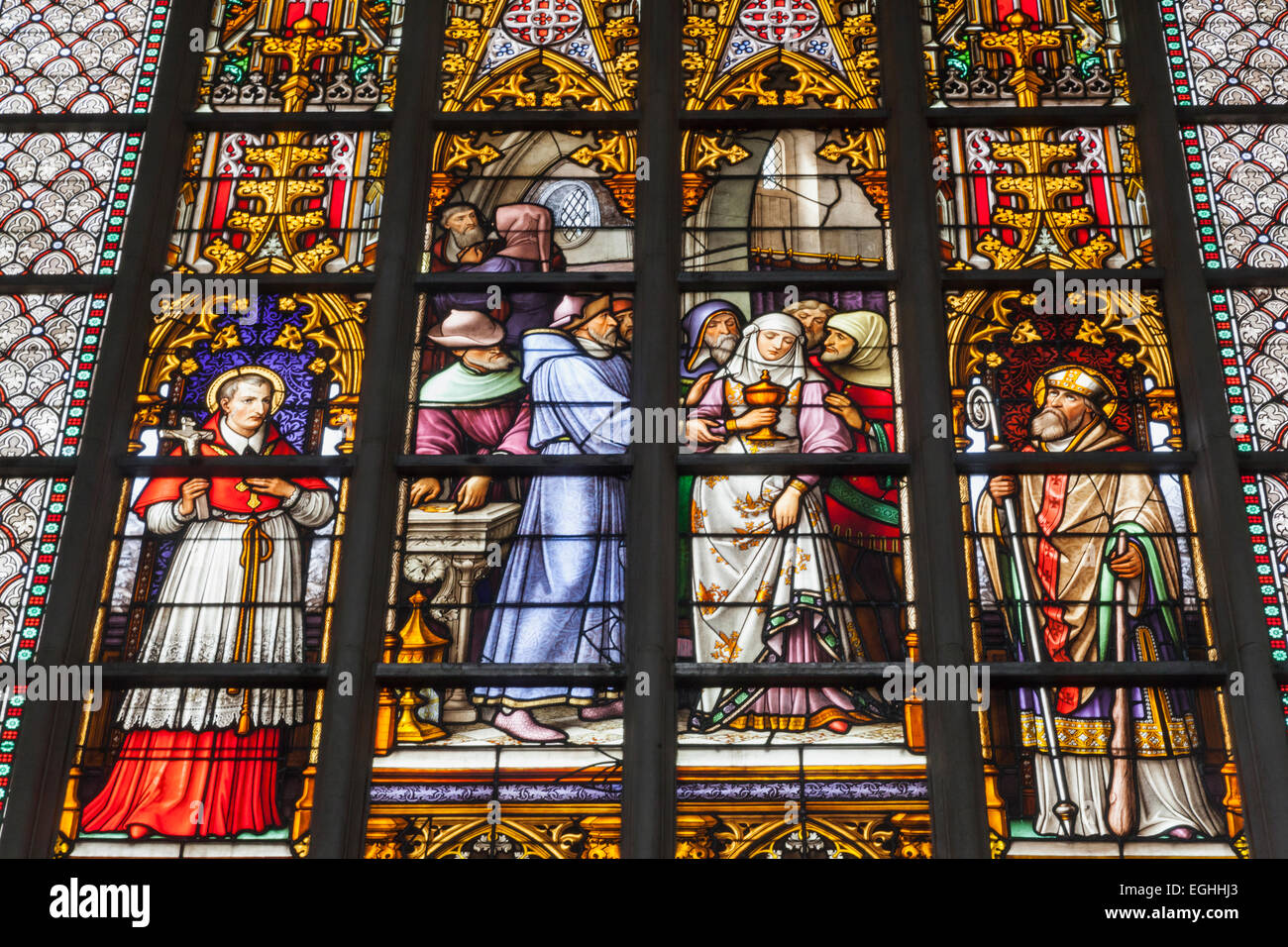Belgium, Brussels, St.Michael and Gudula Cathedral, Stained Glass Window Stock Photo