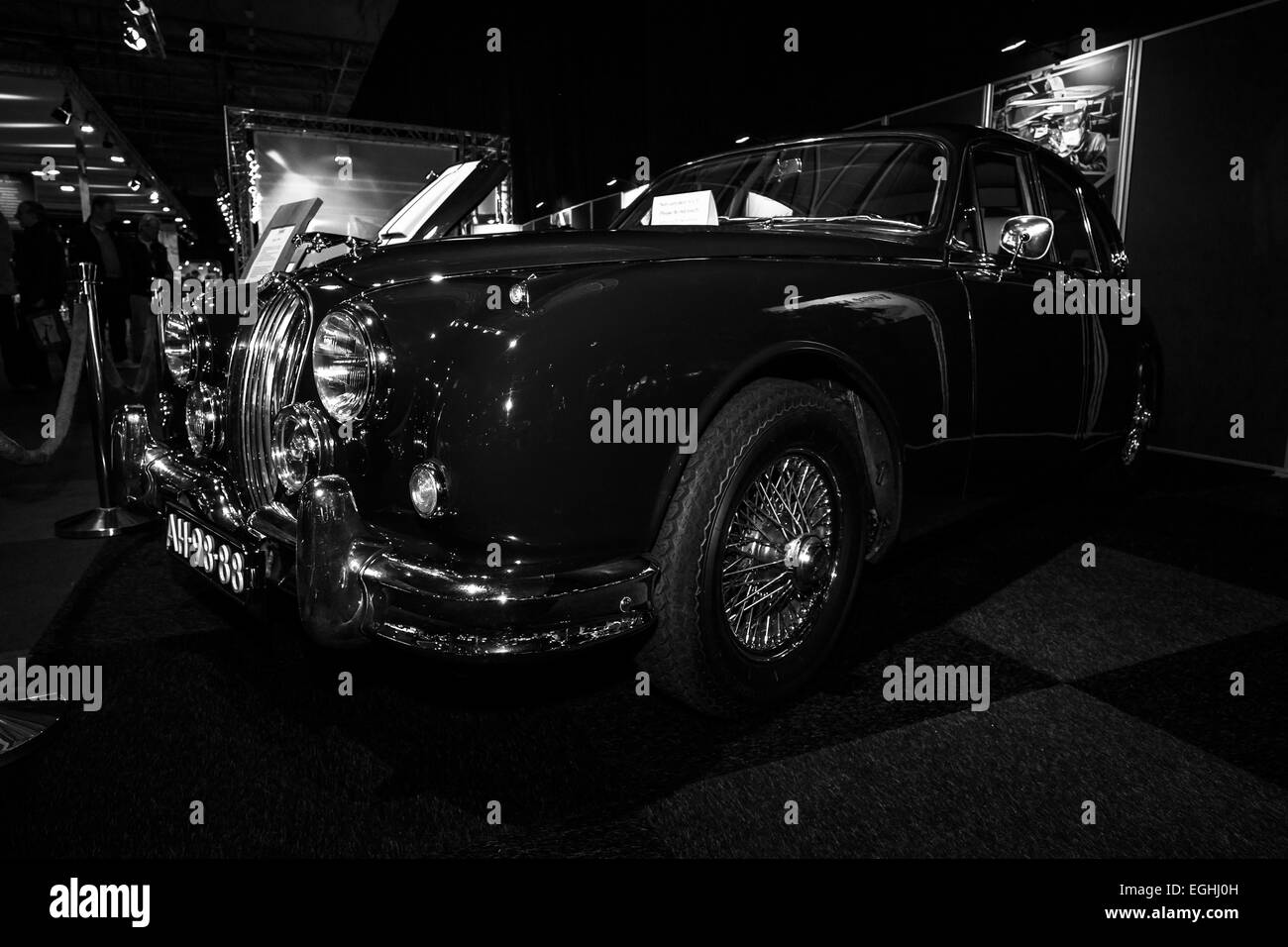 Sports car Jaguar XK150 Coupe (FHC). Black and white Stock Photo