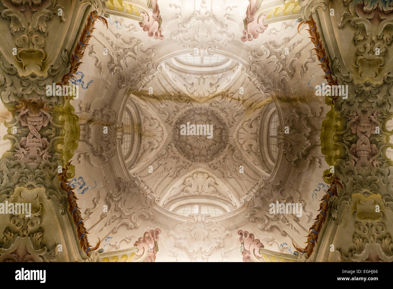 Ceiling fresco with a false dome and rocailles, vestry of Santa Maria Incoronata, Lodi, Lombardy, Italy Stock Photo