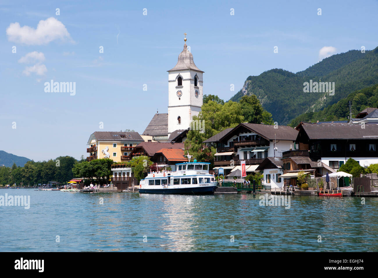 Scheduled boat service, pilgrimage church, Wolfgangsee Lake, St. Wolfgang, Salzkammergut, Upper Austria, Austria Stock Photo