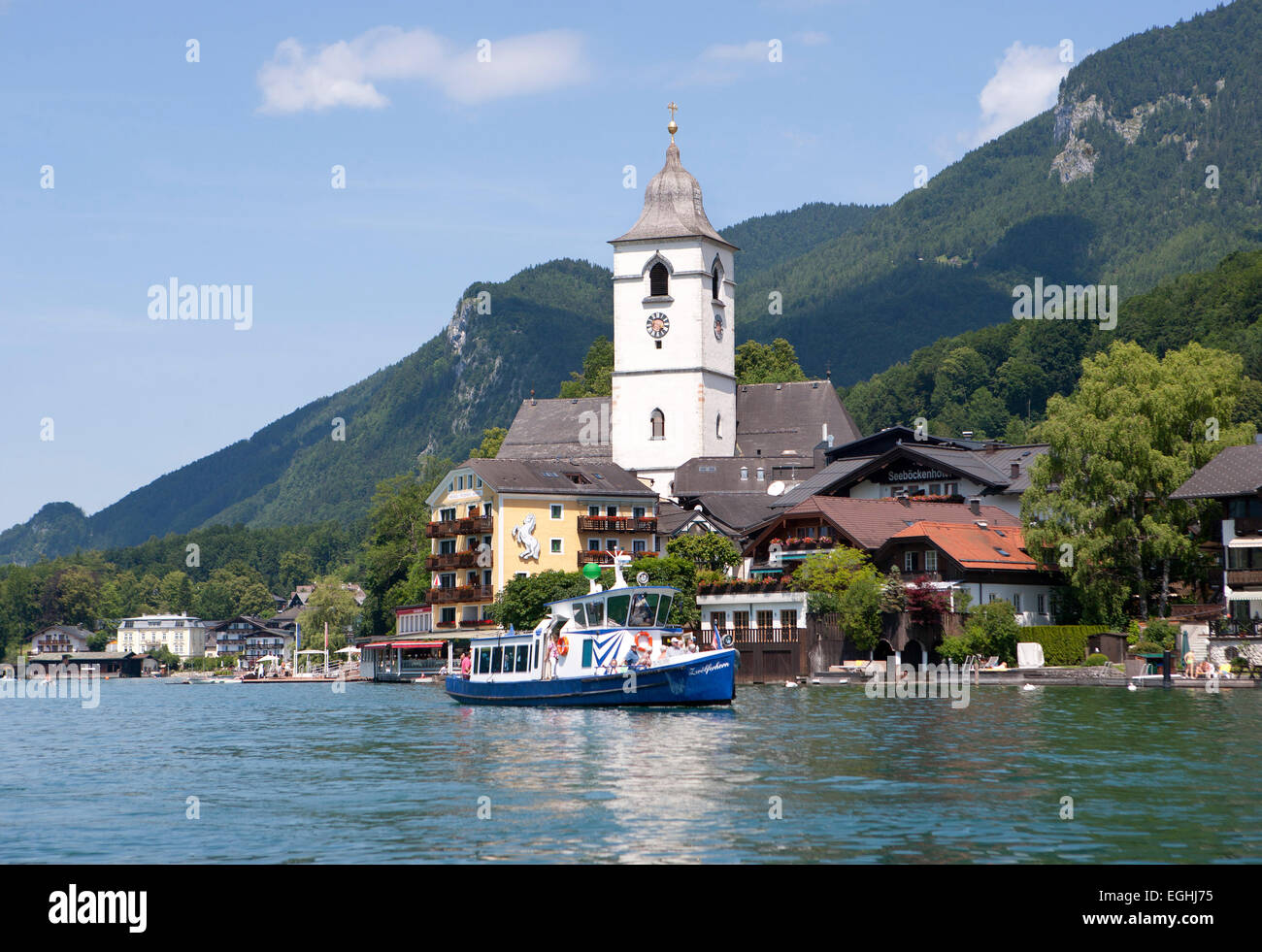 Scheduled boat service, pilgrimage church, Wolfgangsee Lake, St. Wolfgang, Salzkammergut, Upper Austria, Austria Stock Photo