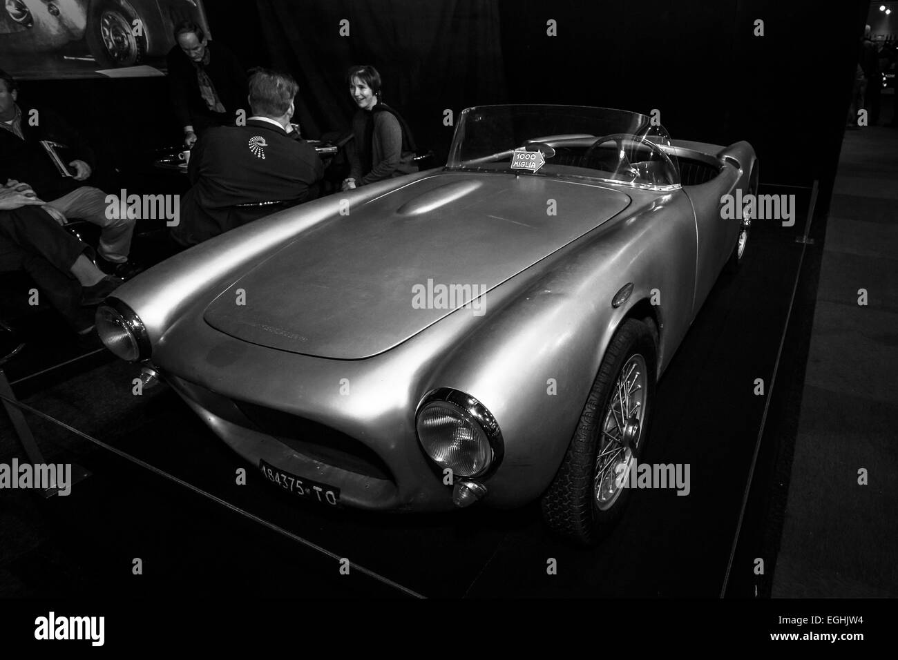 Roadster Fiat 1100 S Marino Spider LHD, 1955. Black and white Stock Photo