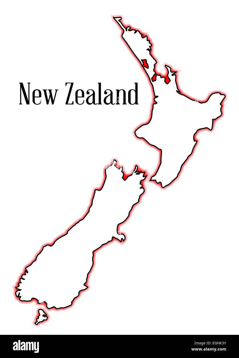 An outline map of New Zealand in red and black Stock Photo