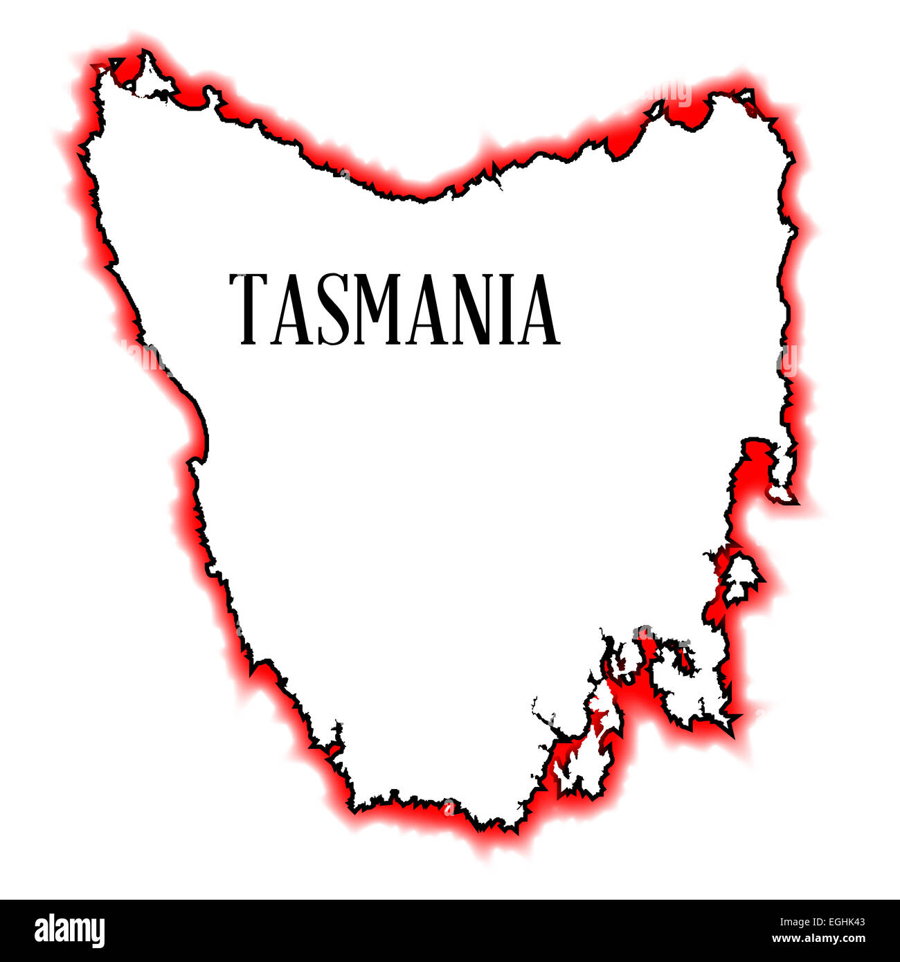 Outline map of Tasmania with red and black border over a white