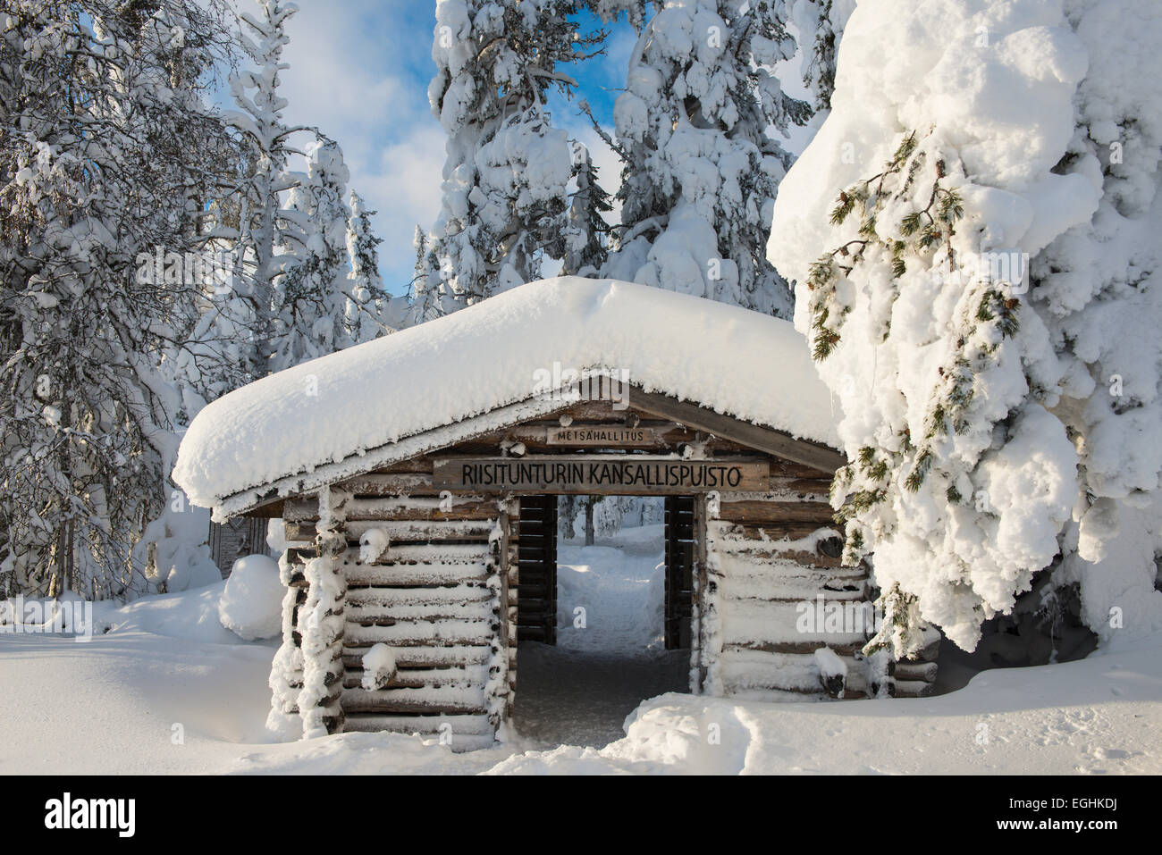 Wooden hut, entrance, Riisitunturi National Park, Posio, Lapland, Finland Stock Photo