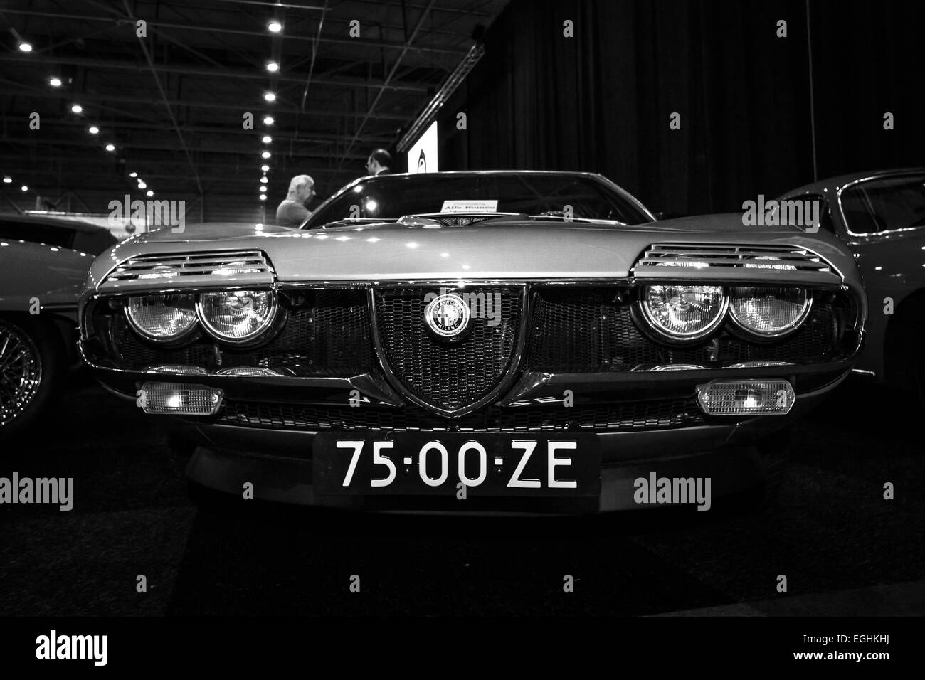Sports car Alfa Romeo Montreal. Black and white. Stock Photo