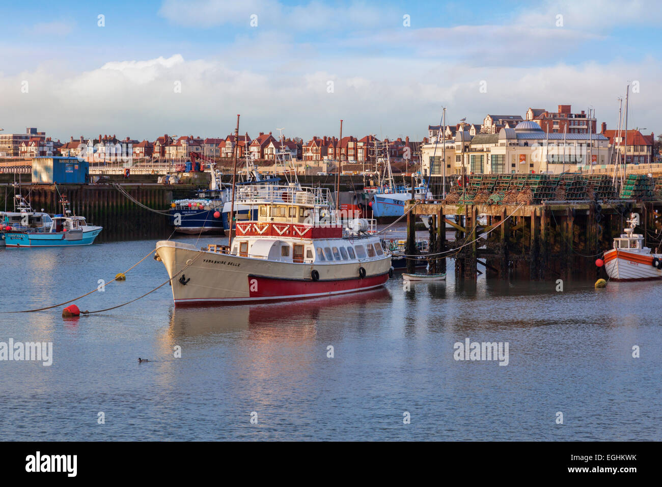 Bridlington Harbour, East Yorkshire, England, UK, with its famous pleasure boat, the Yorkshire Belle, in use in the town since 1 Stock Photo