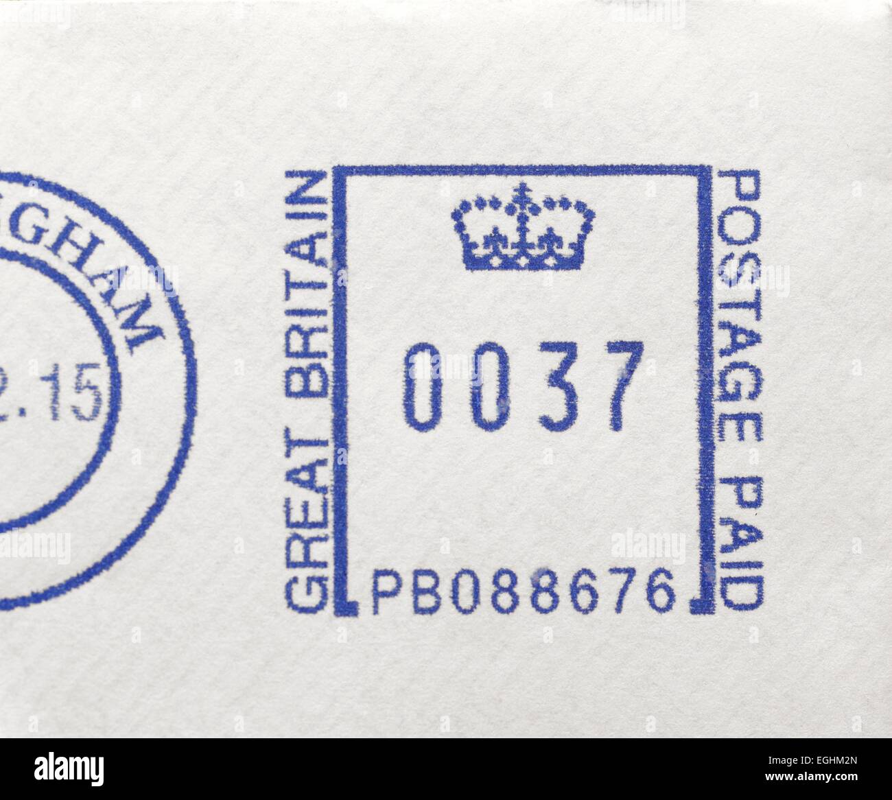 Great Britain postage paid in blue ink on a uk posted envelope Stock