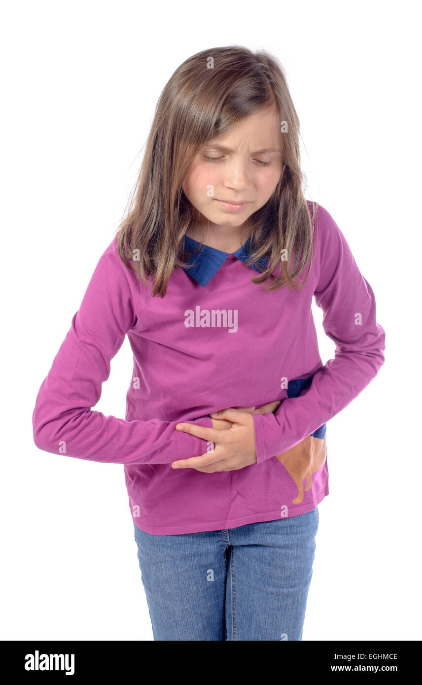 little girl has a stomach ache on white background Stock Photo - Alamy