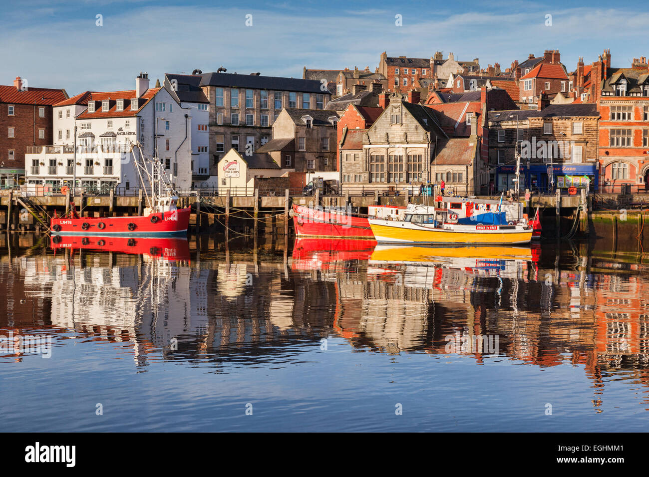 Whitby Harbour, North Yorkshire, England, UK, on a sunny winter morning. Stock Photo