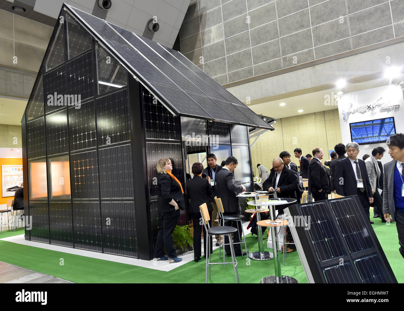 Tokyo, Japan. 25th Feb, 2015. Solar panels are on display at the World Smart Energy Week 2015, billed as the worlds largest exhibition specializing in electricity storage and generating systems, started on Wednesday, February 25, 2015, in Tokyo for three days. Credit:  Natsuki Sakai/AFLO/Alamy Live News Stock Photo