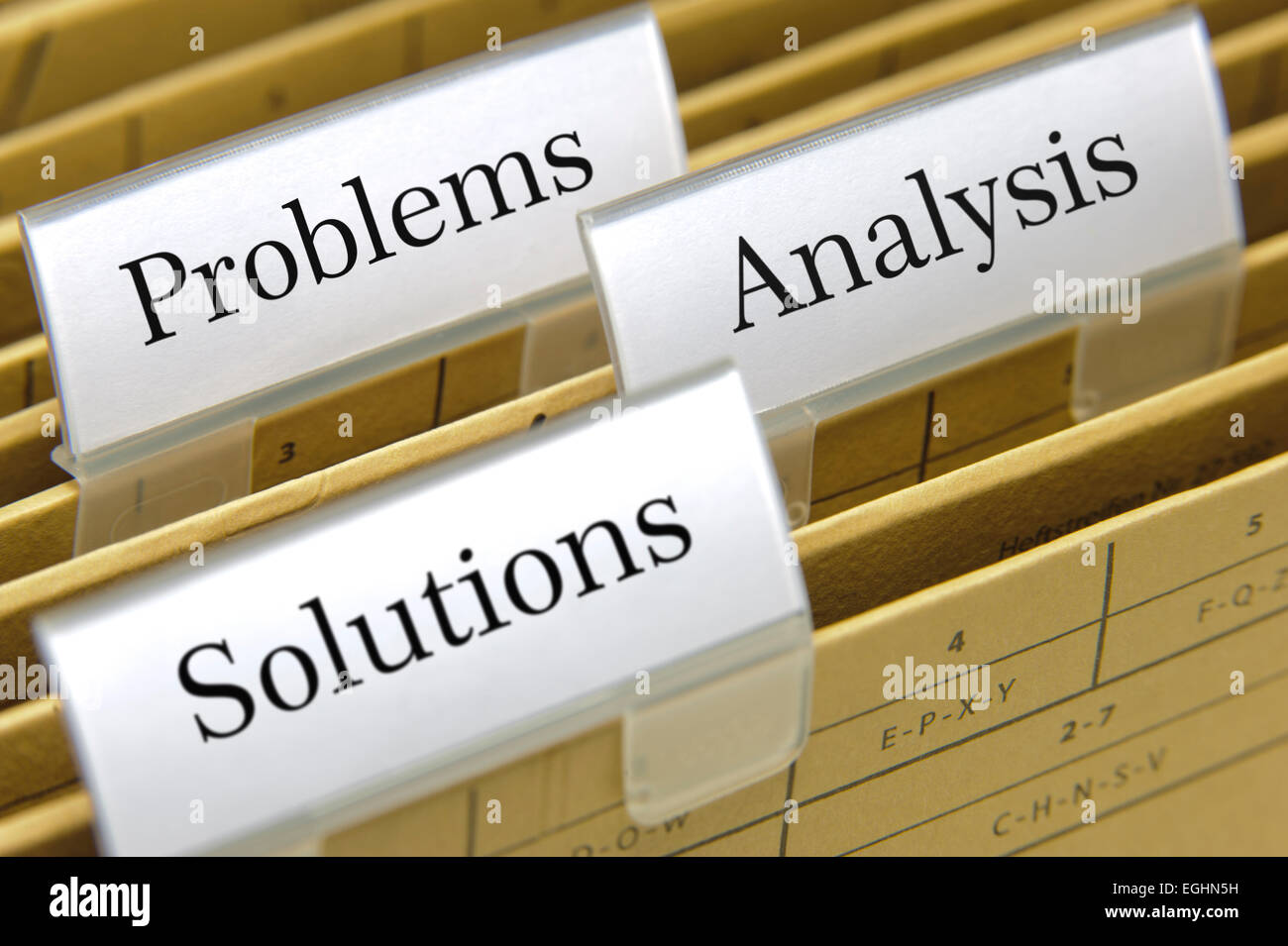 problems, analysis and solutions printed on file folder Stock Photo