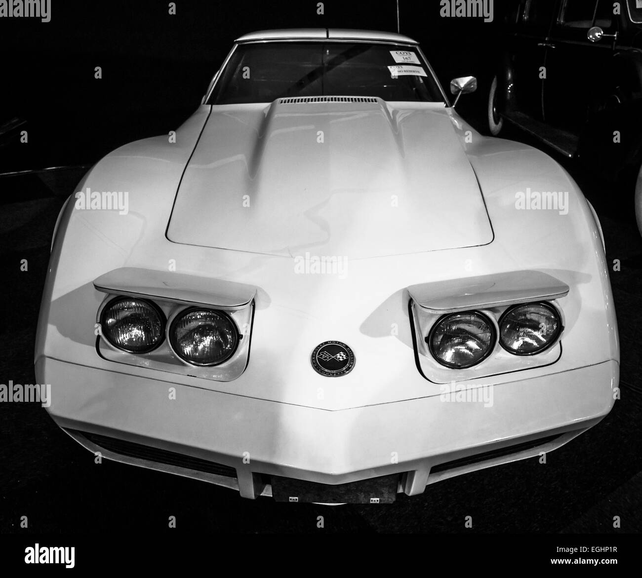 Sports car Chevrolet Corvette (C3) Stingray. Black and white. Stock Photo