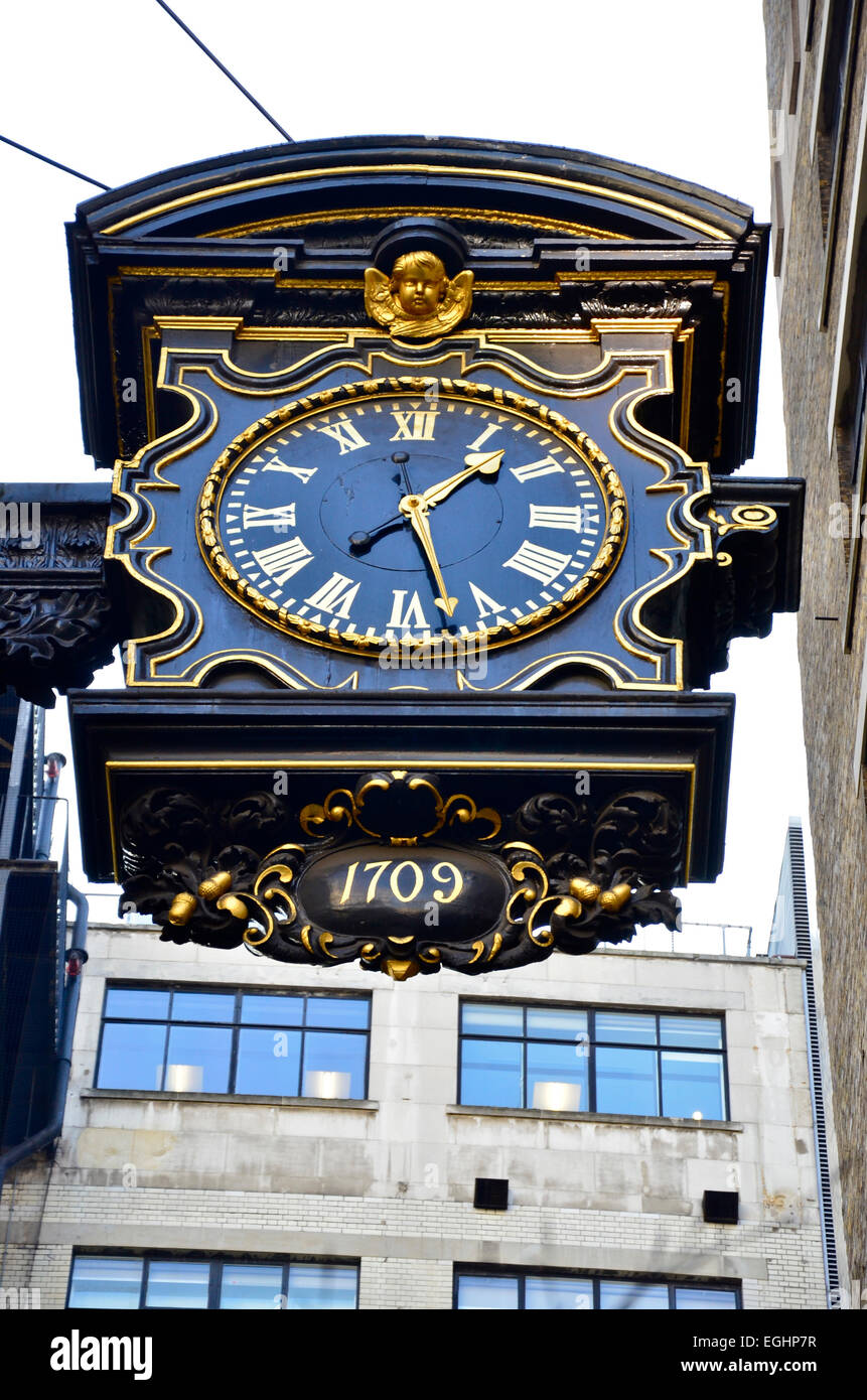 Clock of St Magnus the Martyr Church dated 1709, close to London Bridge, London, England Stock Photo