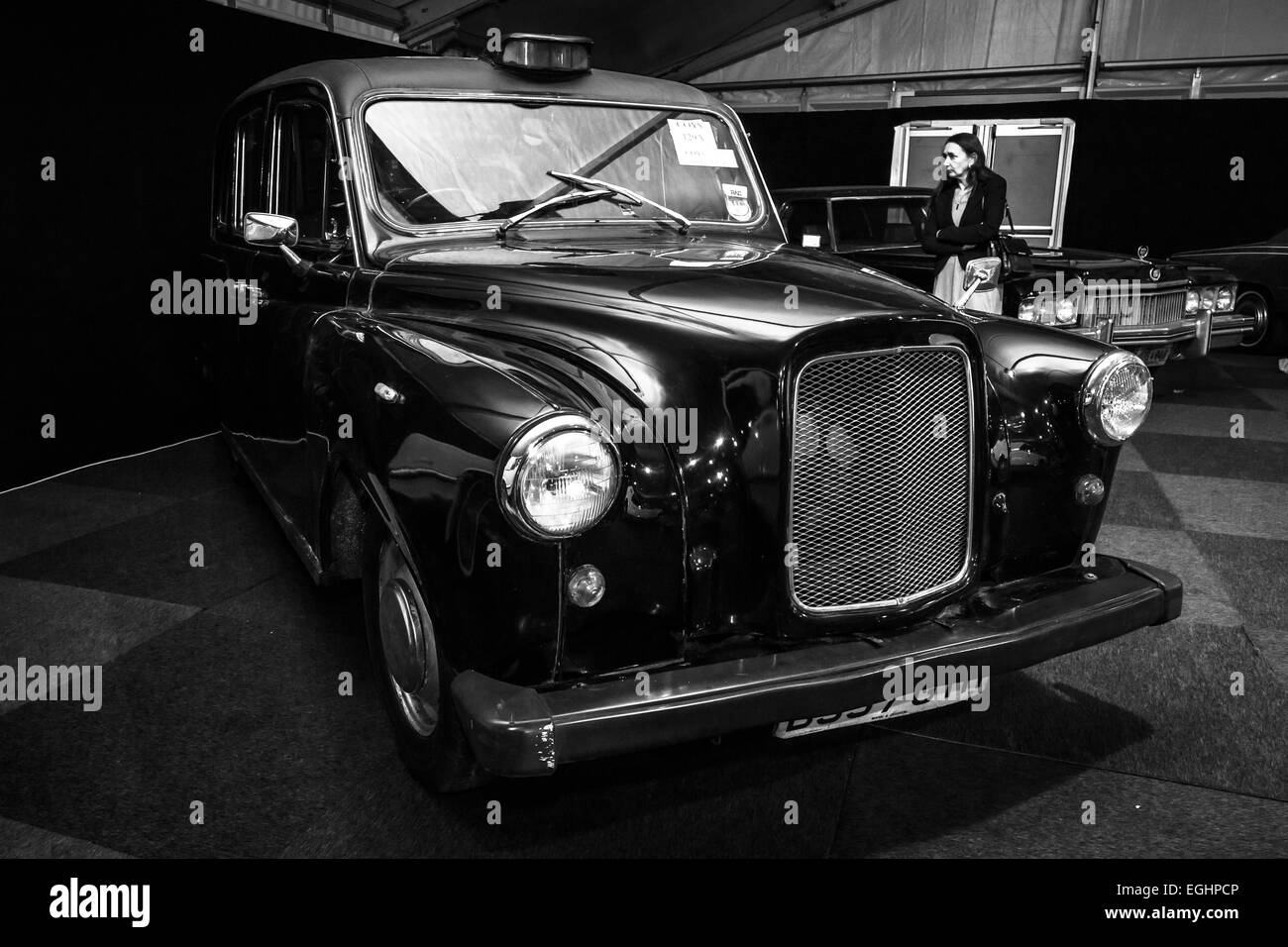 London taxi cab LTI FX4 (Austin FX4). Black and white. Stock Photo