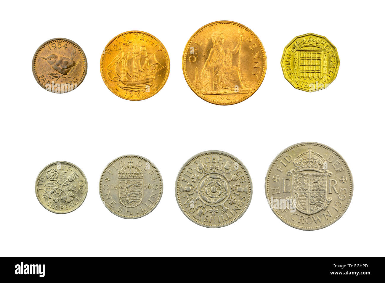 All of the last pre-decimal coins in circulation just before decimalisation in Great Britain, on a white background. Stock Photo